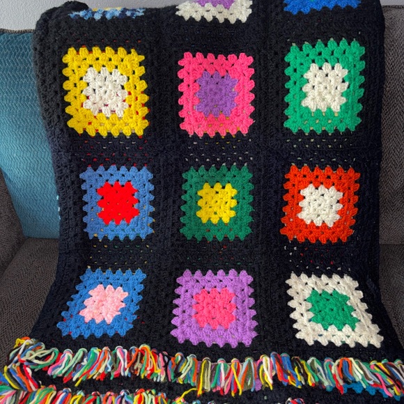 Other - Vintage Handmade Granny Square Afghan Blanket Crochet Multicolor/Black 57x76